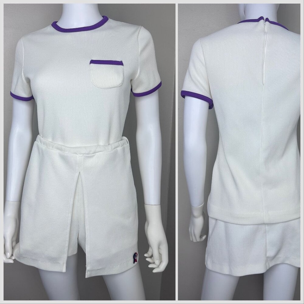 Vintage 1970s Tennis Set Russ Courtswear Small Rib Knit Top Skort Skirt Shorts